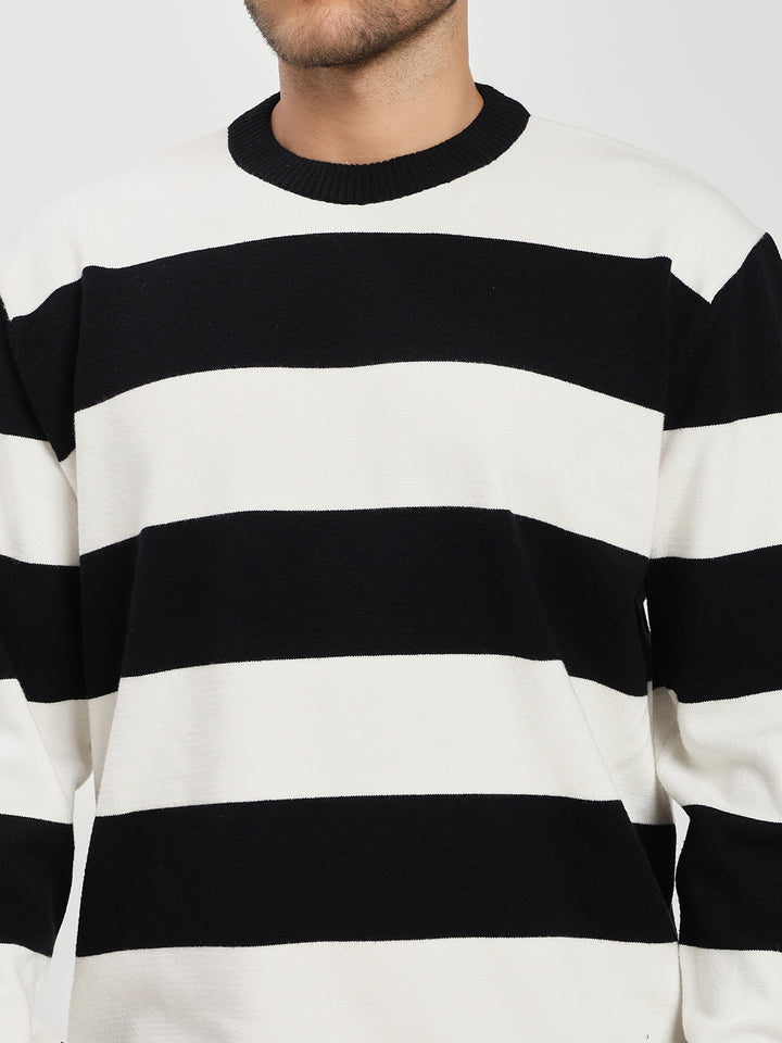 Men’s White & Black Striped Crewneck Sweater