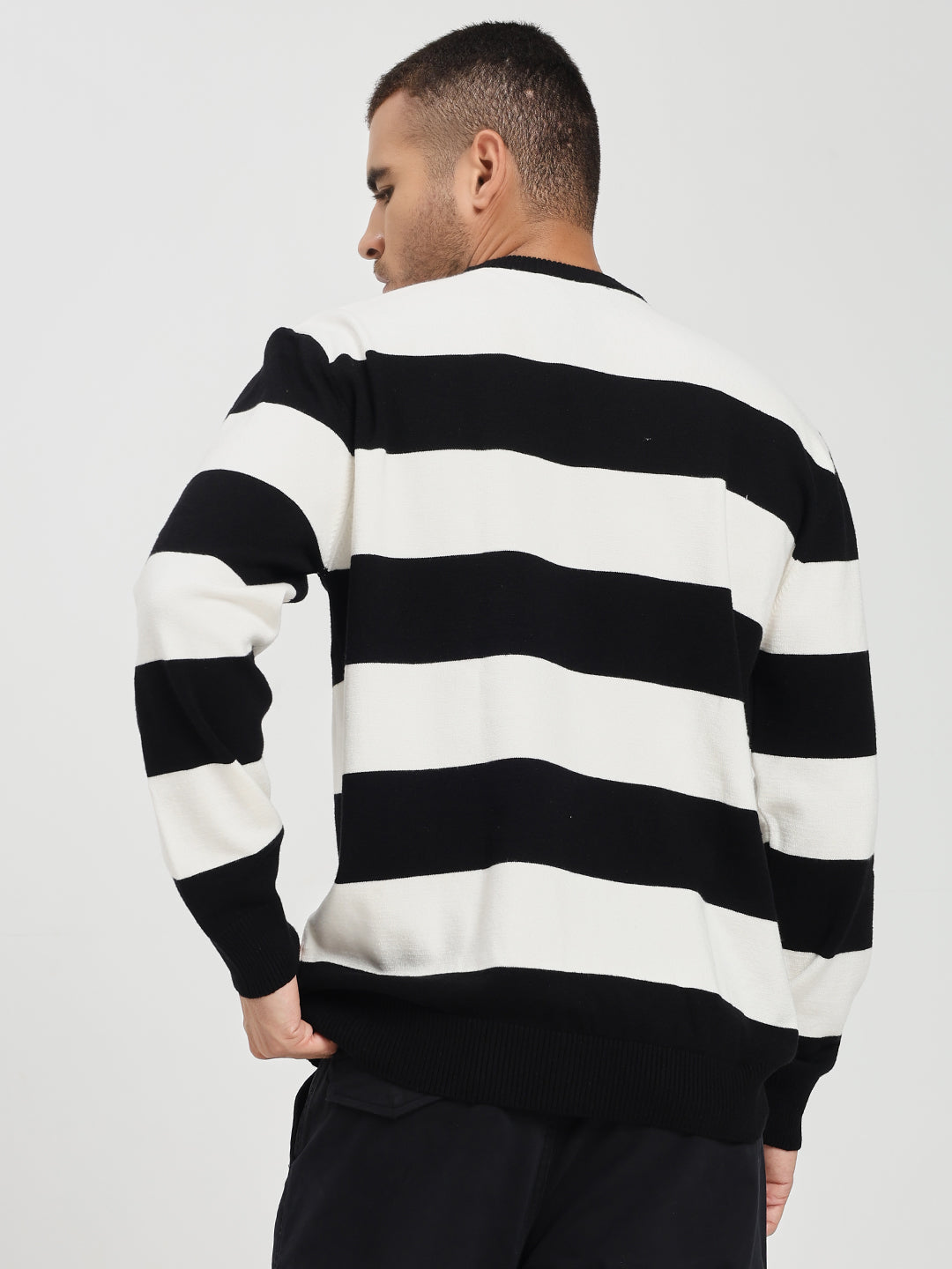 Men’s White & Black Striped Crewneck Sweater