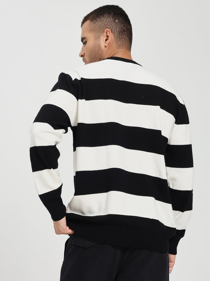 Men’s White & Black Striped Crewneck Sweater
