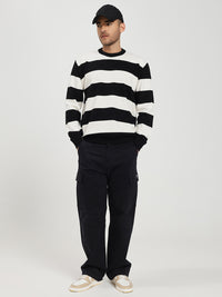 Men’s White & Black Striped Crewneck Sweater