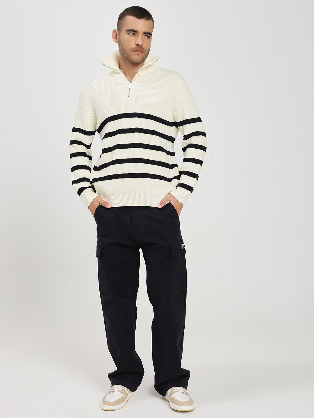 Men’s White & Black Striped Half-Zip Sweater