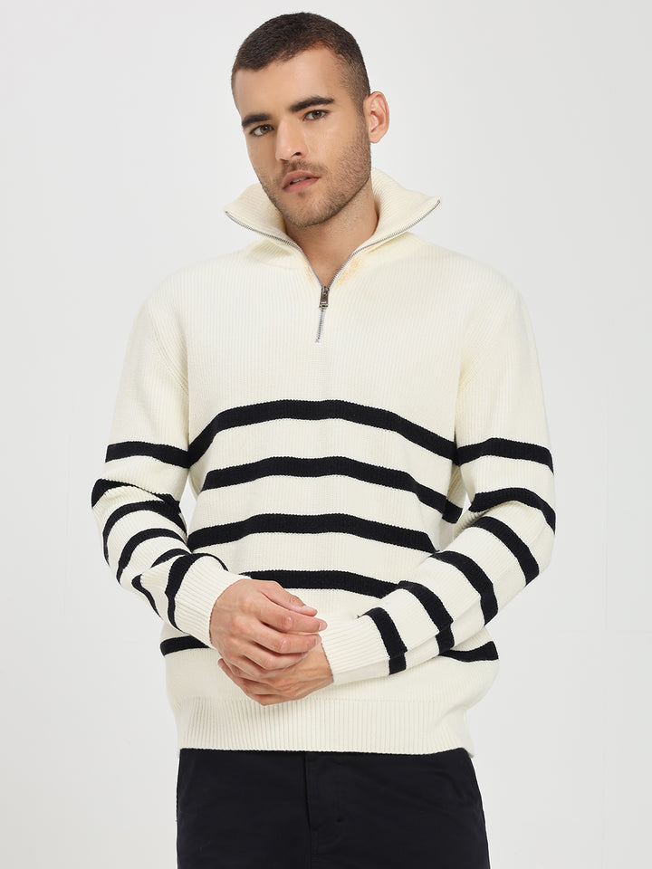 Men’s White & Black Striped Half-Zip Sweater