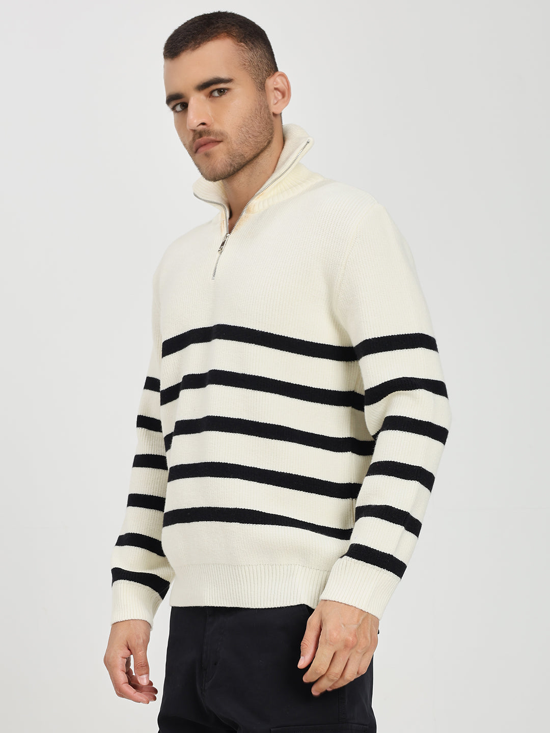 Men’s White & Black Striped Half-Zip Sweater