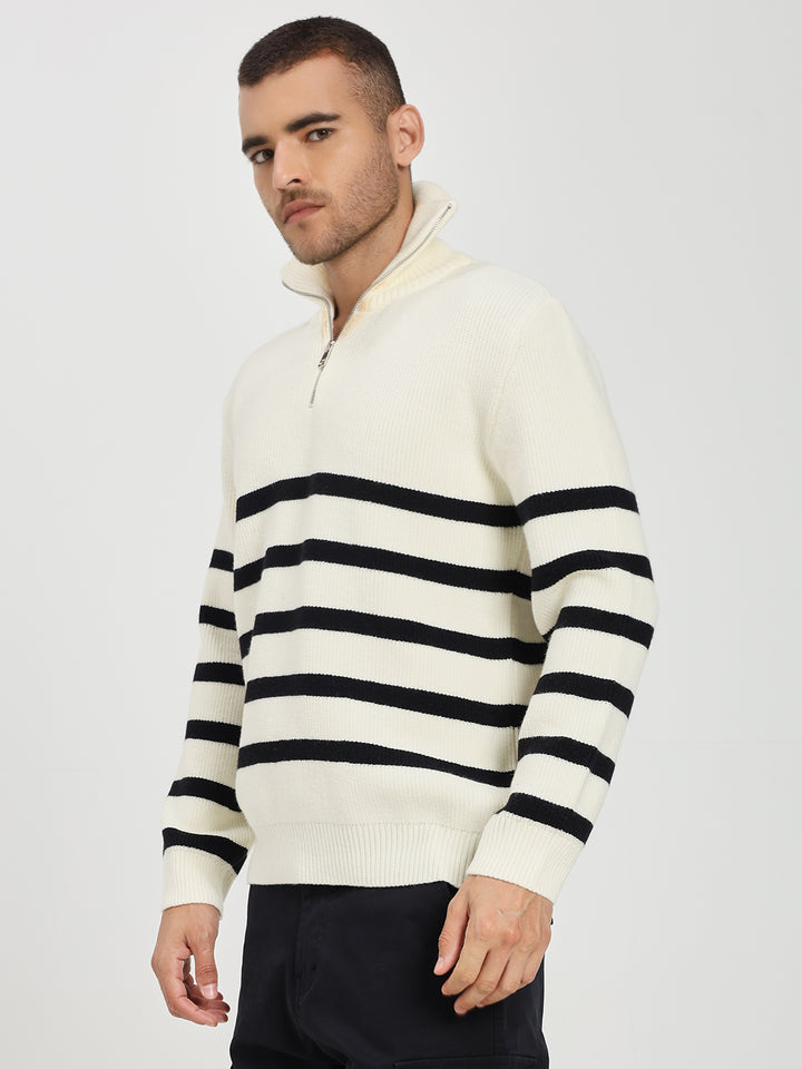 Men’s White & Black Striped Half-Zip Sweater