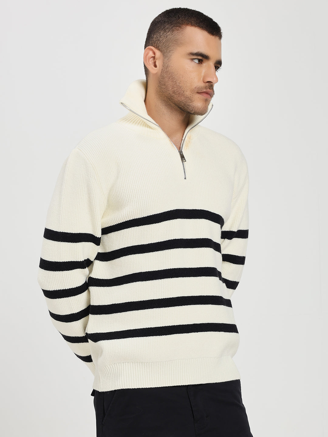 Men’s White & Black Striped Half-Zip Sweater