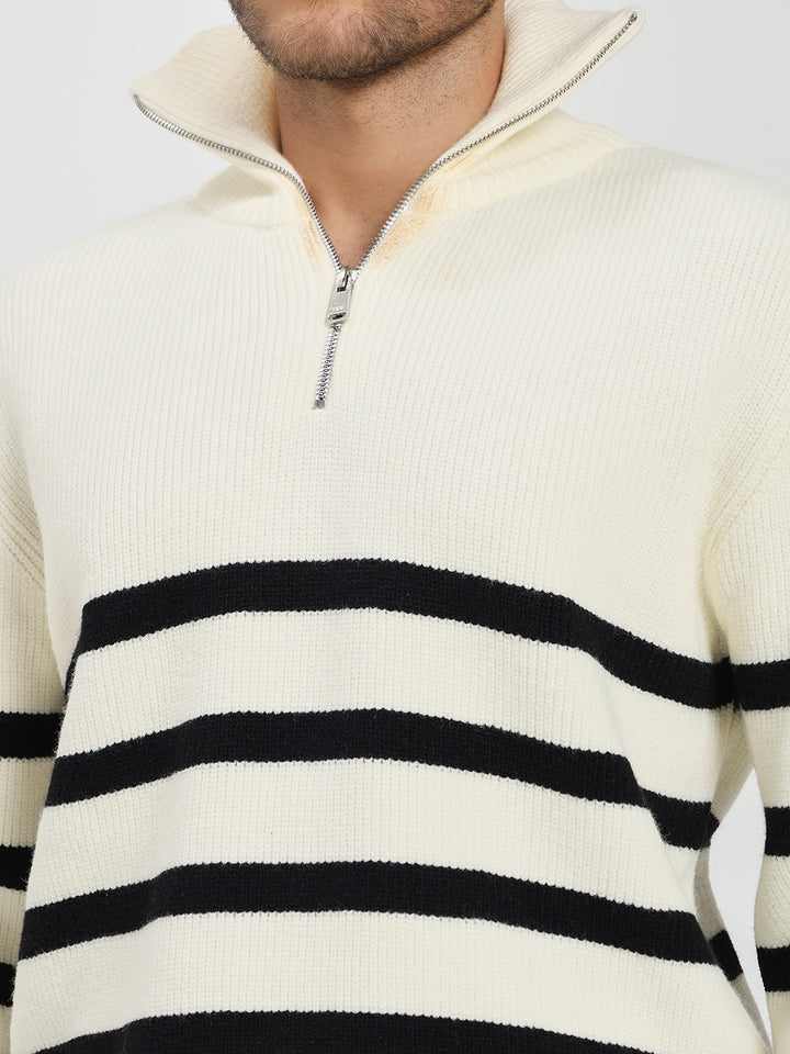 Men’s White & Black Striped Half-Zip Sweater