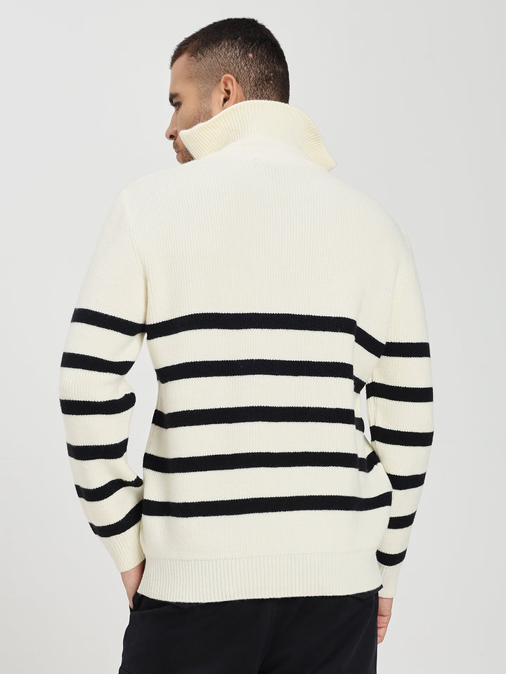 Men’s White & Black Striped Half-Zip Sweater