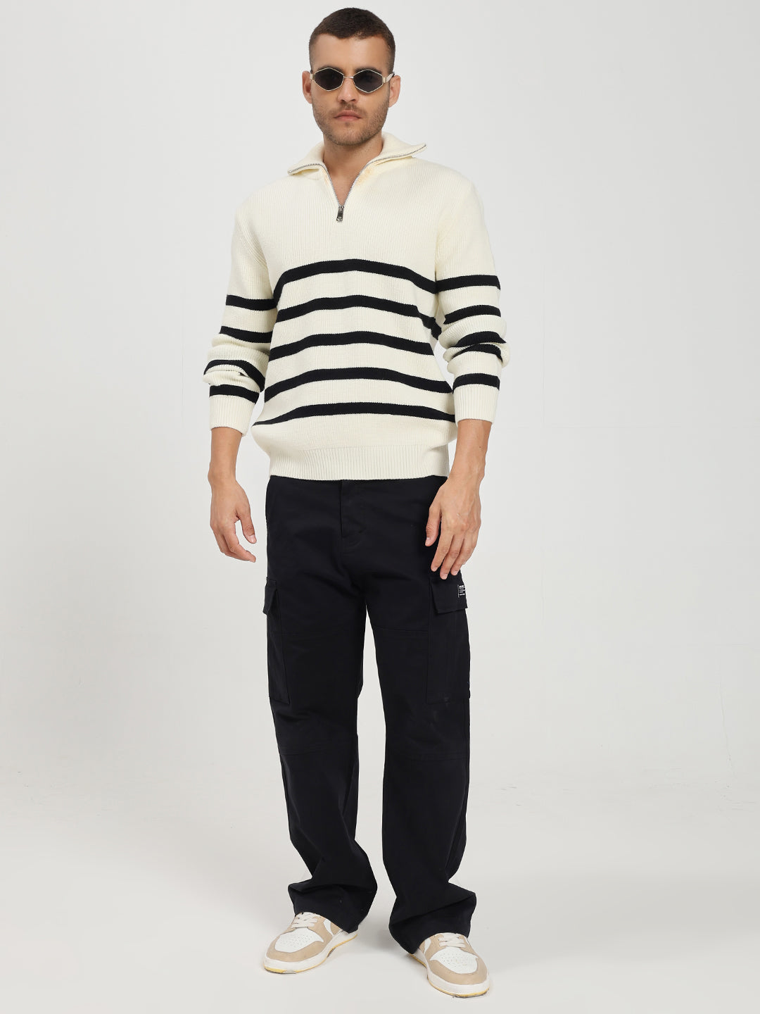 Men’s White & Black Striped Half-Zip Sweater