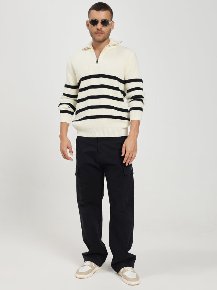 Men’s White & Black Striped Half-Zip Sweater