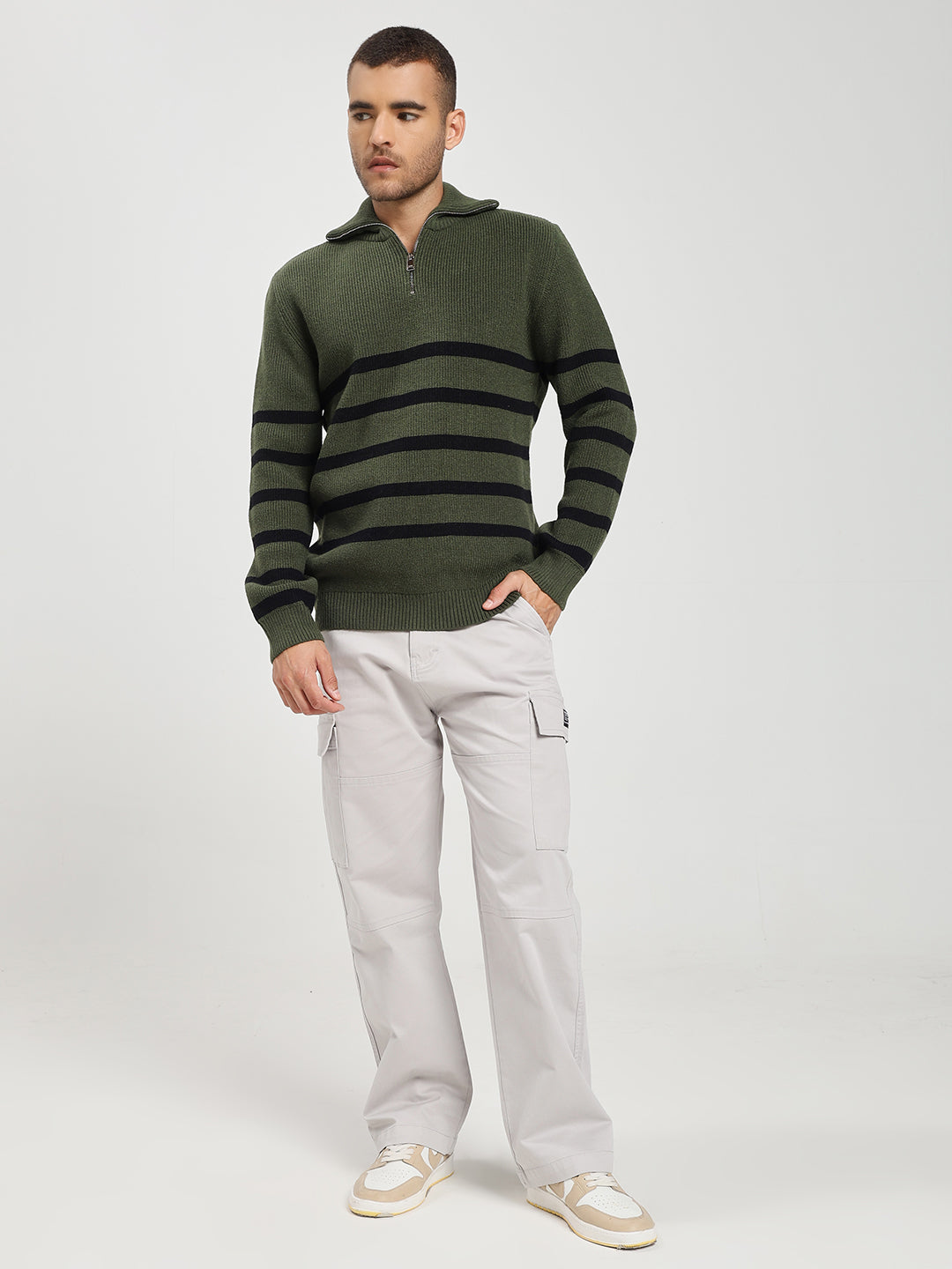 Men’s Green & Black Striped Half-Zip Sweater
