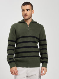 Men’s Green & Black Striped Half-Zip Sweater
