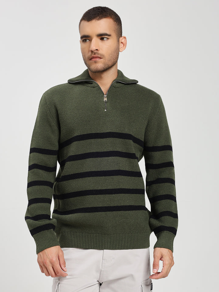 Men’s Green & Black Striped Half-Zip Sweater