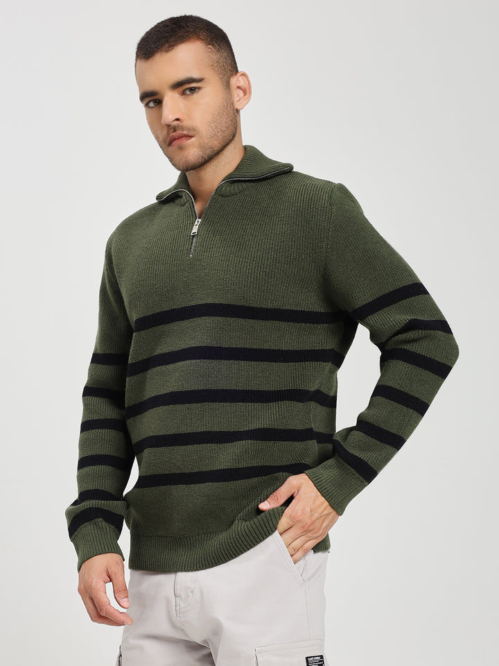 Men’s Green & Black Striped Half-Zip Sweater