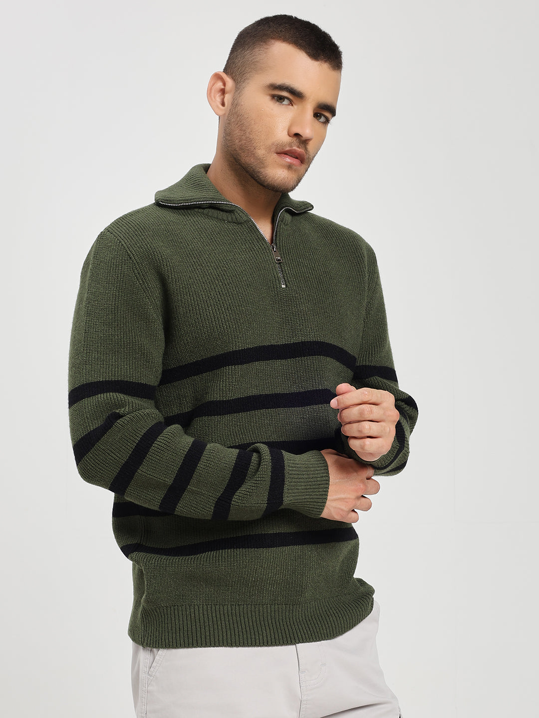 Men’s Green & Black Striped Half-Zip Sweater