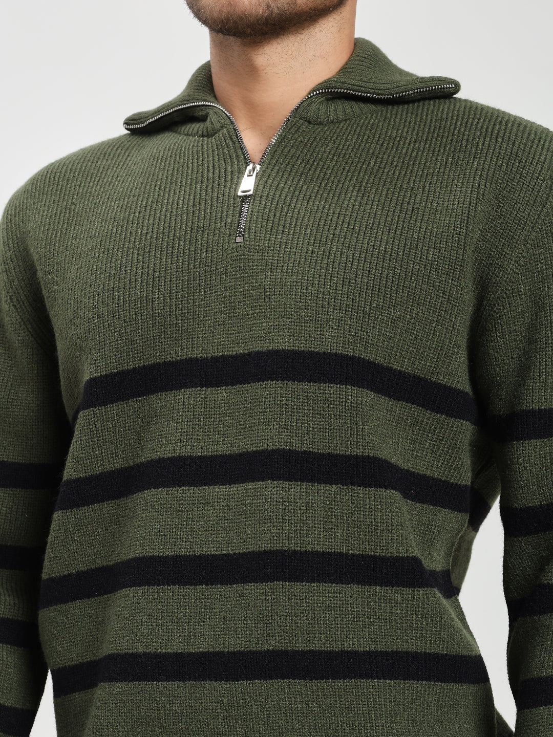 Men’s Green & Black Striped Half-Zip Sweater