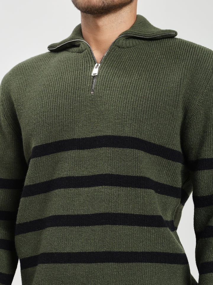 Men’s Green & Black Striped Half-Zip Sweater