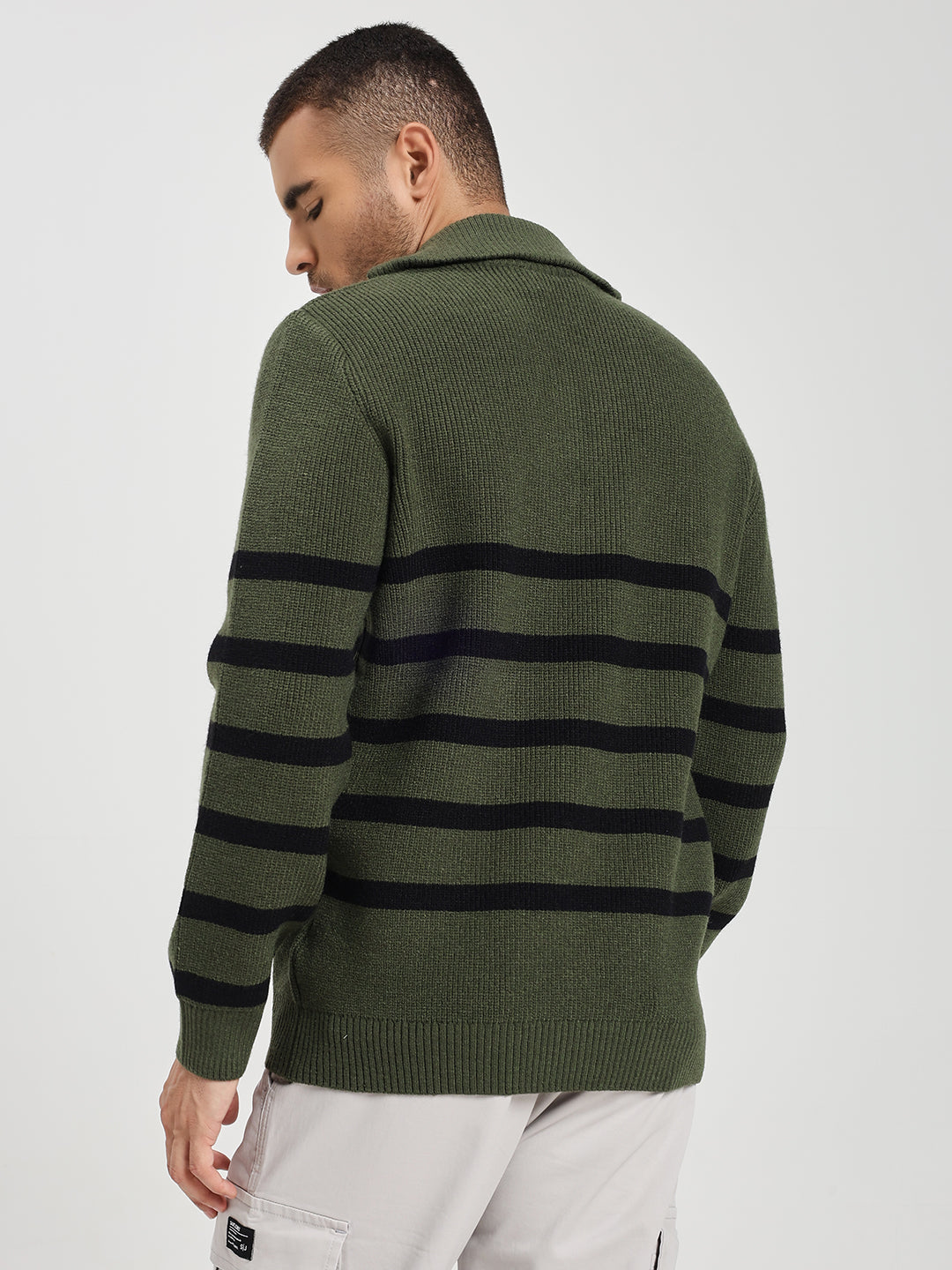 Men’s Green & Black Striped Half-Zip Sweater