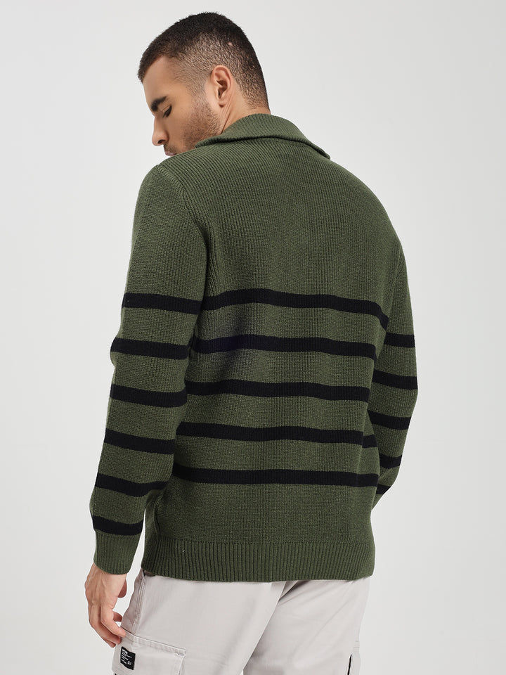 Men’s Green & Black Striped Half-Zip Sweater