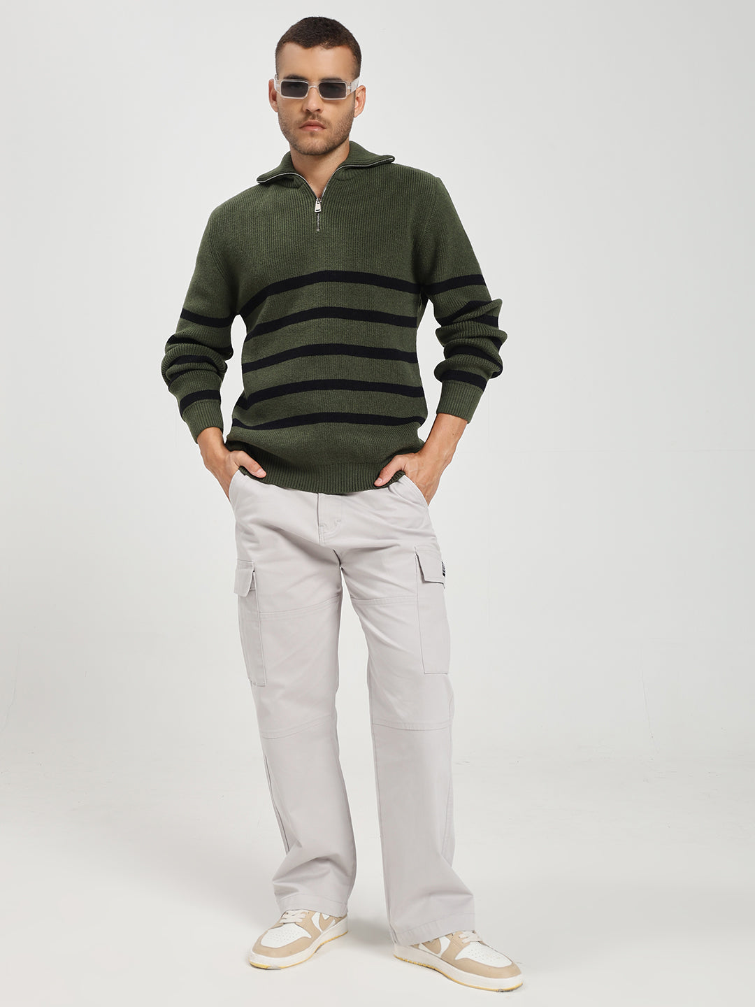 Men’s Green & Black Striped Half-Zip Sweater