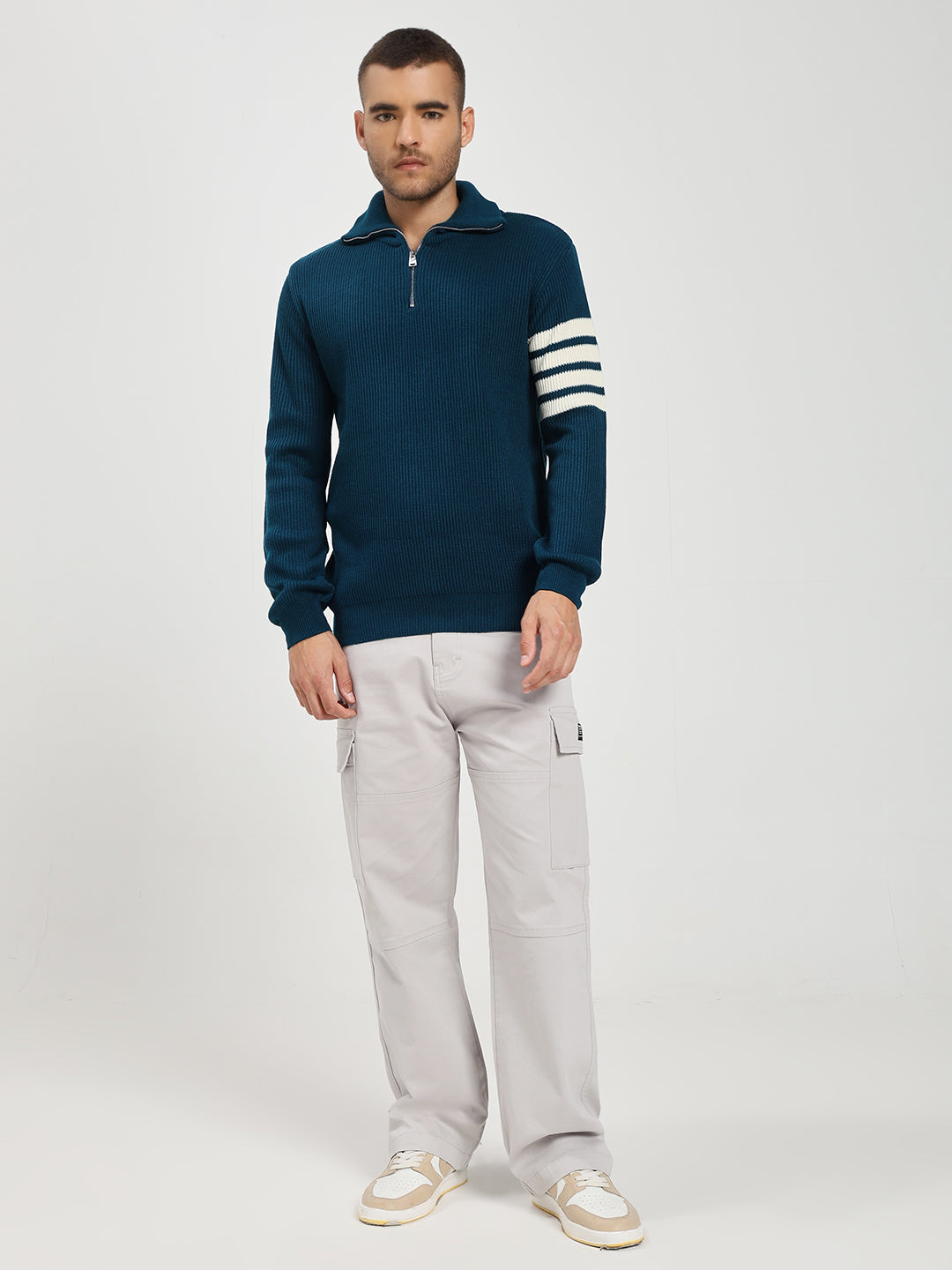 Men’s Blue & White Arm Stripe Half-Zip Sweater