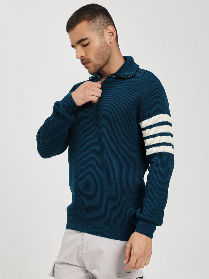 Men’s Blue & White Arm Stripe Half-Zip Sweater
