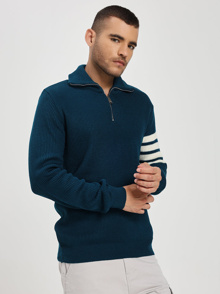 Men’s Blue & White Arm Stripe Half-Zip Sweater