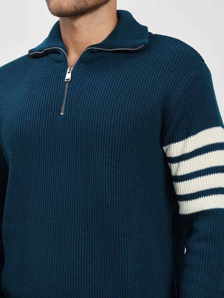 Men’s Blue & White Arm Stripe Half-Zip Sweater