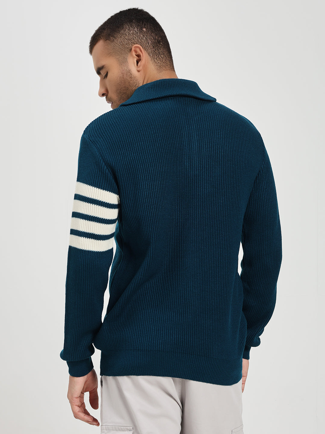 Men’s Blue & White Arm Stripe Half-Zip Sweater