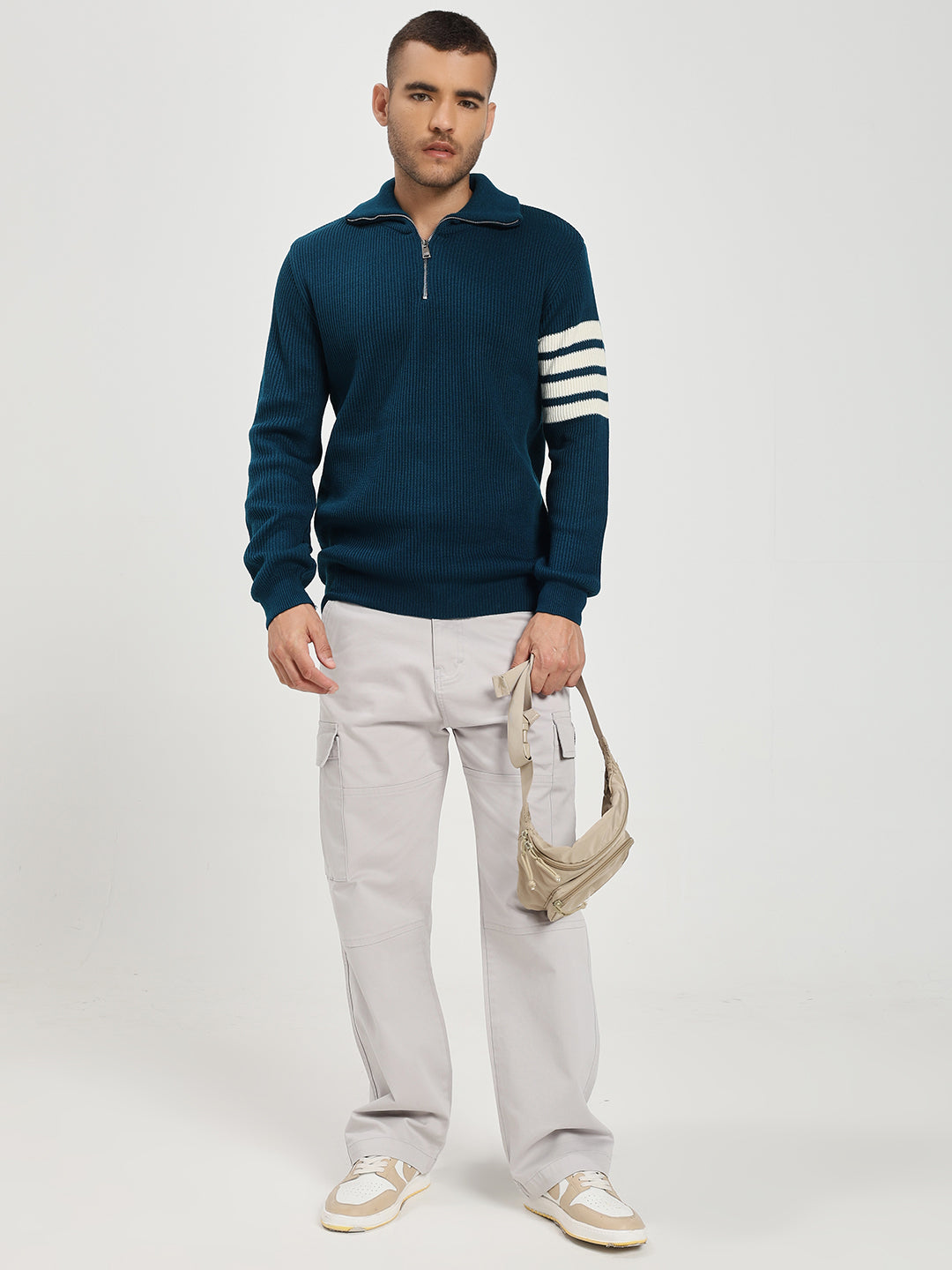 Men’s Blue & White Arm Stripe Half-Zip Sweater