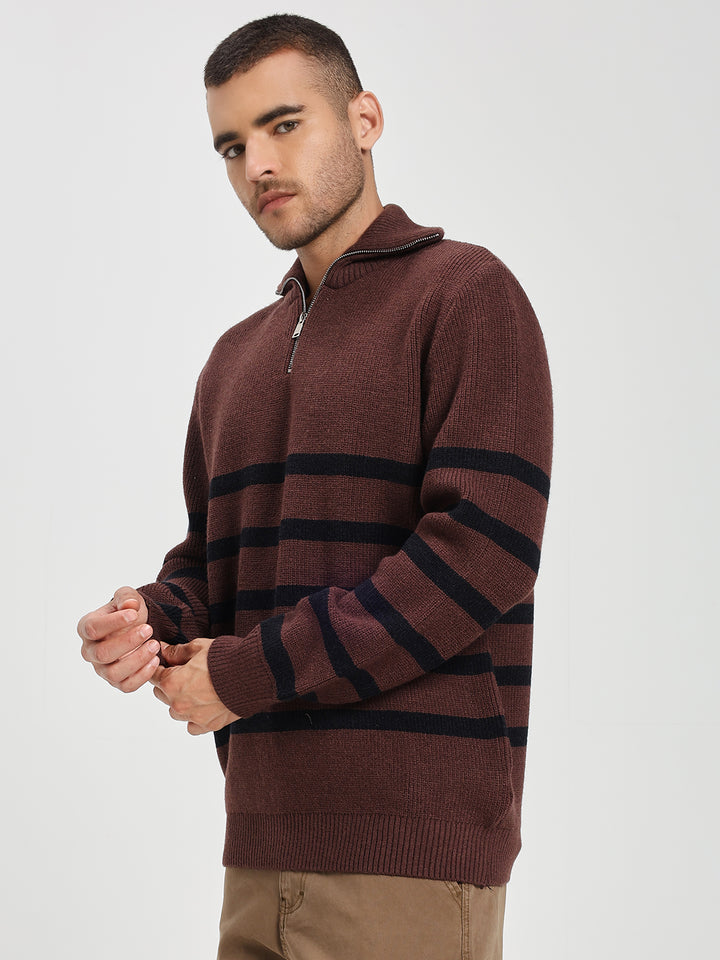 Men’s Brown & Black Striped Half-Zip Sweater