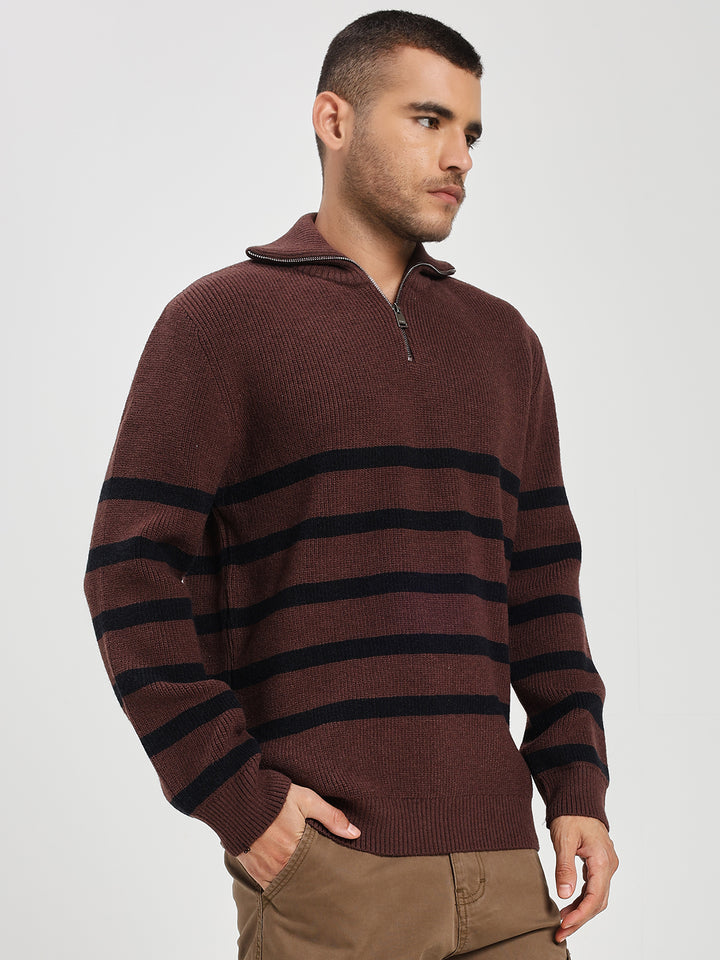 Men’s Brown & Black Striped Half-Zip Sweater