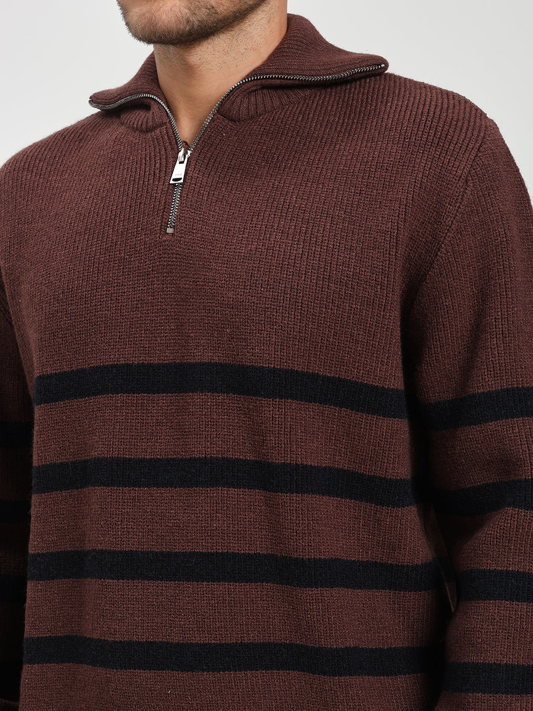 Men’s Brown & Black Striped Half-Zip Sweater