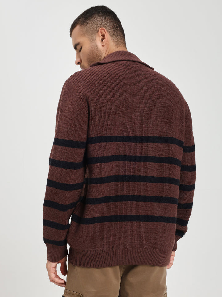 Men’s Brown & Black Striped Half-Zip Sweater