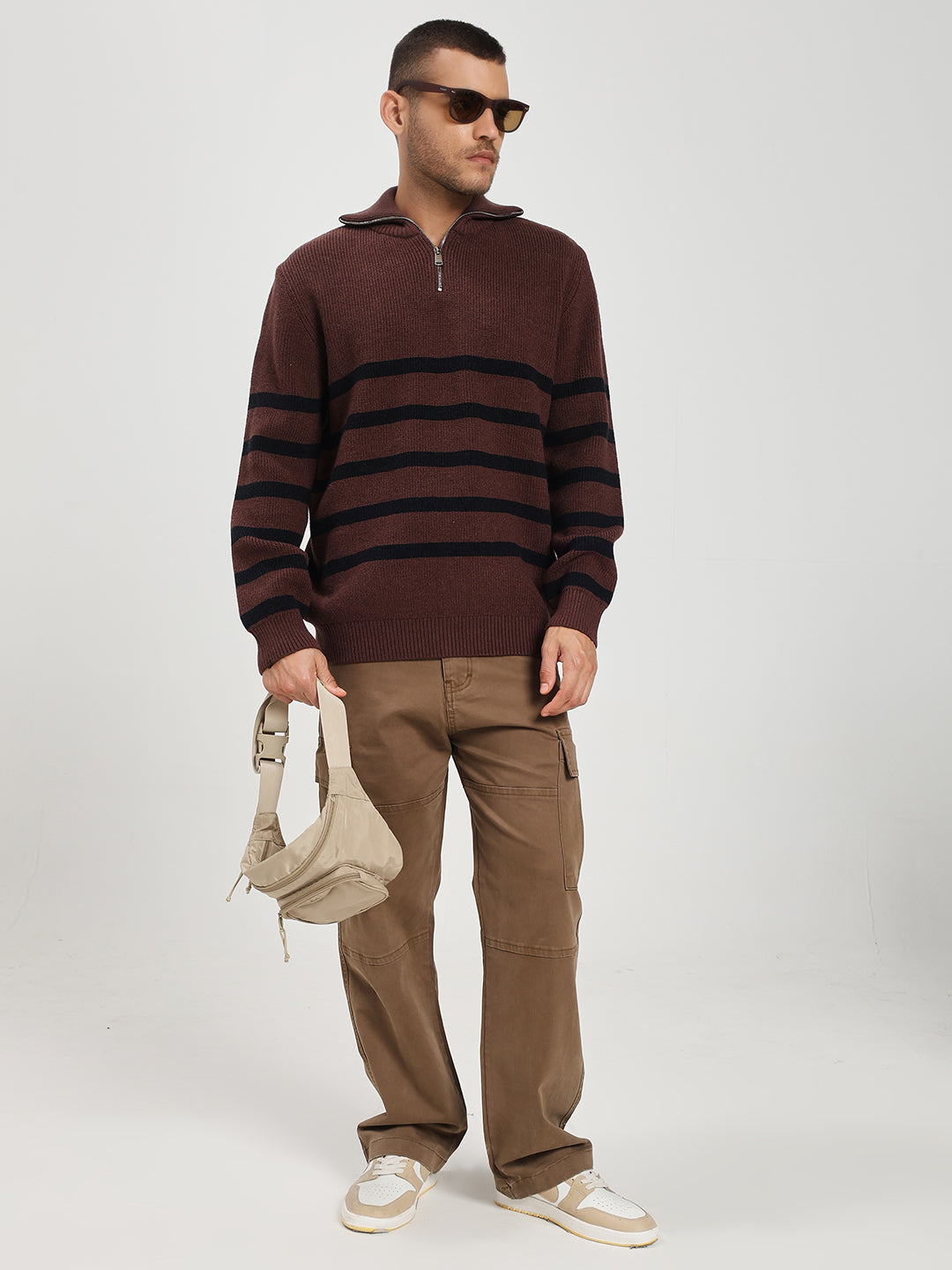Men’s Brown & Black Striped Half-Zip Sweater