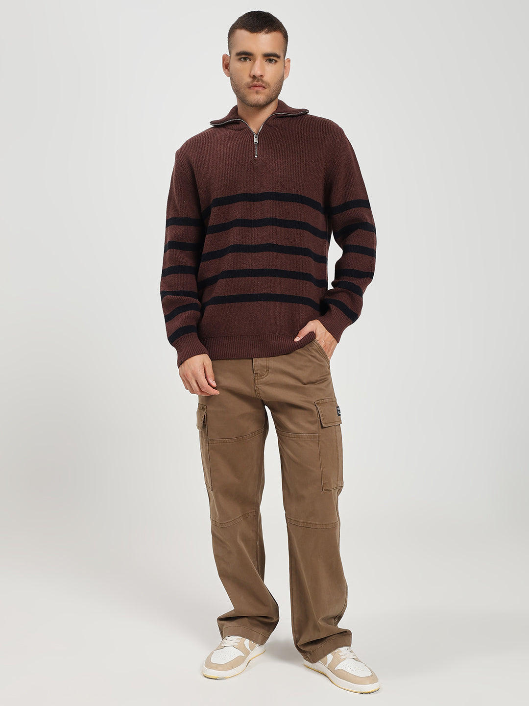 Men’s Brown & Black Striped Half-Zip Sweater