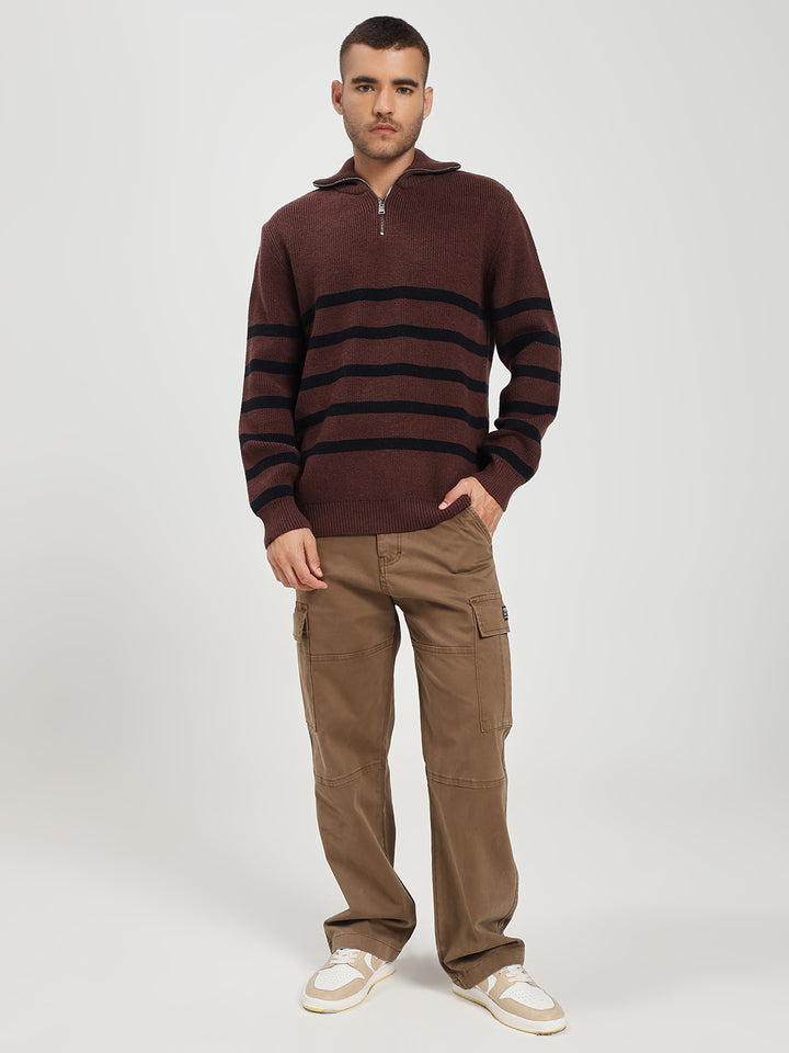Men’s Brown & Black Striped Half-Zip Sweater