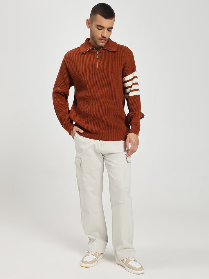 Men’s Orange & White Arm Stripe Half-Zip Sweater