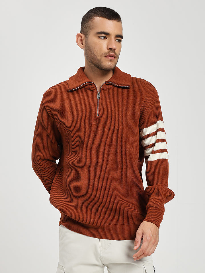 Men’s Orange & White Arm Stripe Half-Zip Sweater