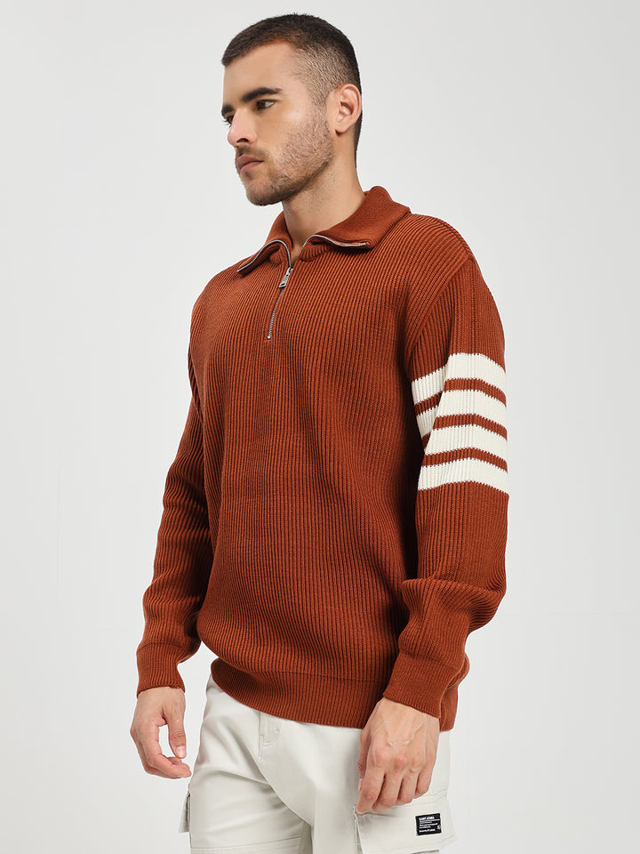 Men’s Orange & White Arm Stripe Half-Zip Sweater
