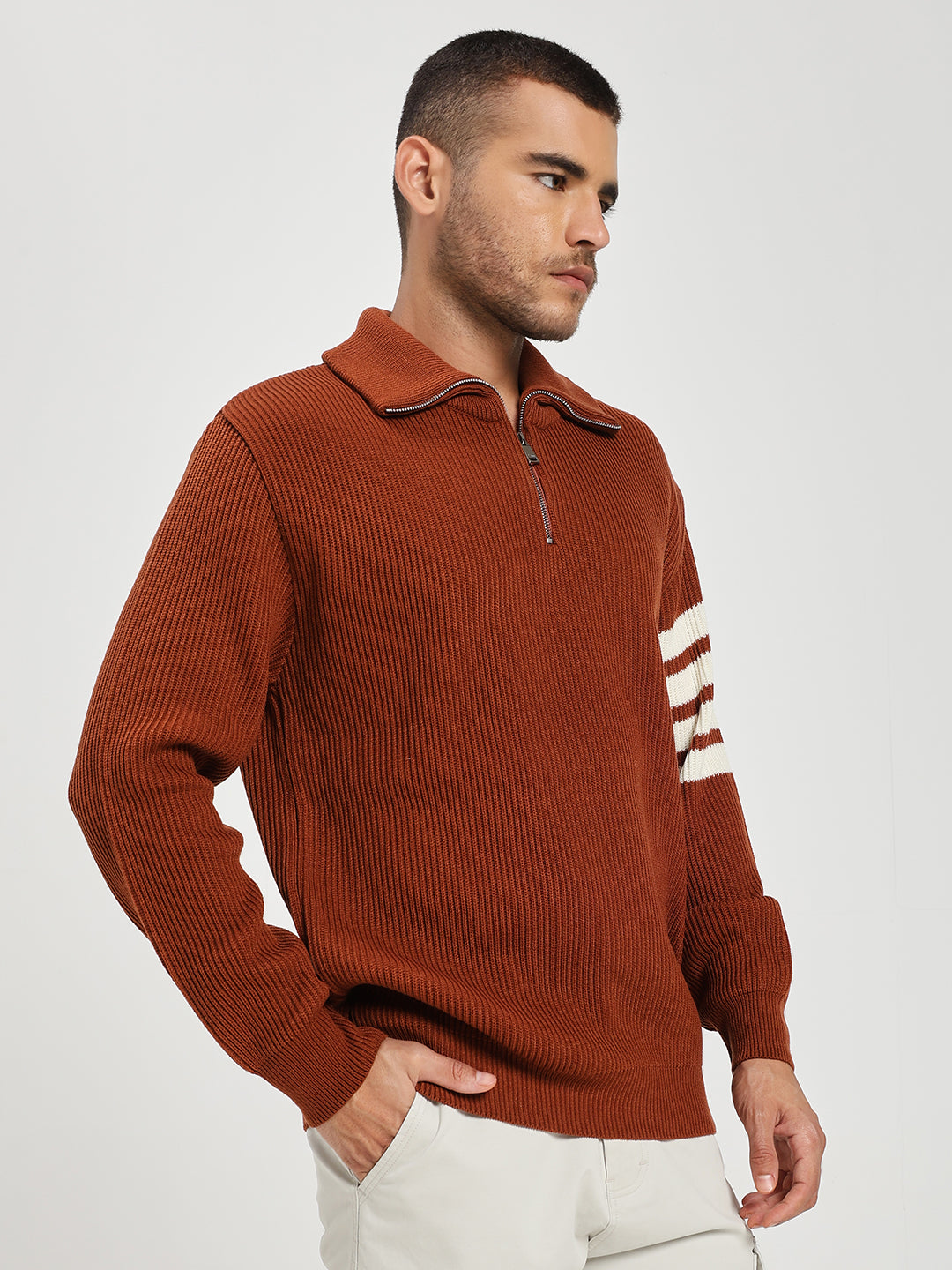 Men’s Orange & White Arm Stripe Half-Zip Sweater