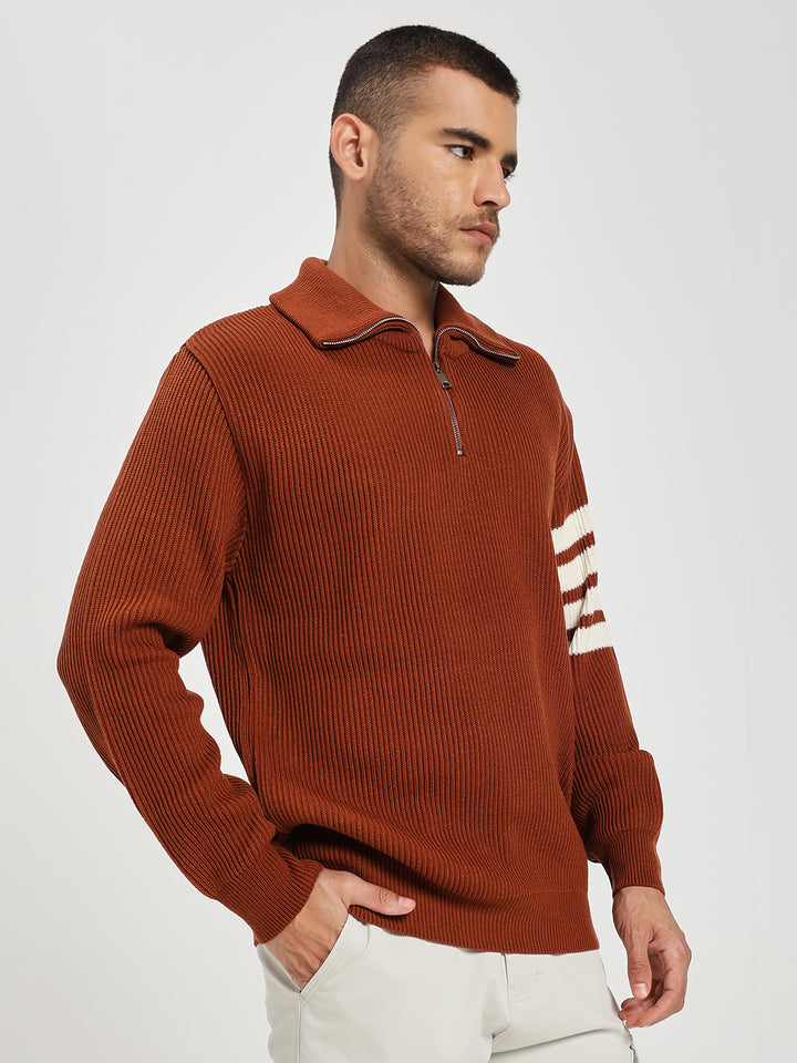 Men’s Orange & White Arm Stripe Half-Zip Sweater