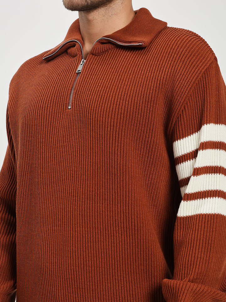 Men’s Orange & White Arm Stripe Half-Zip Sweater