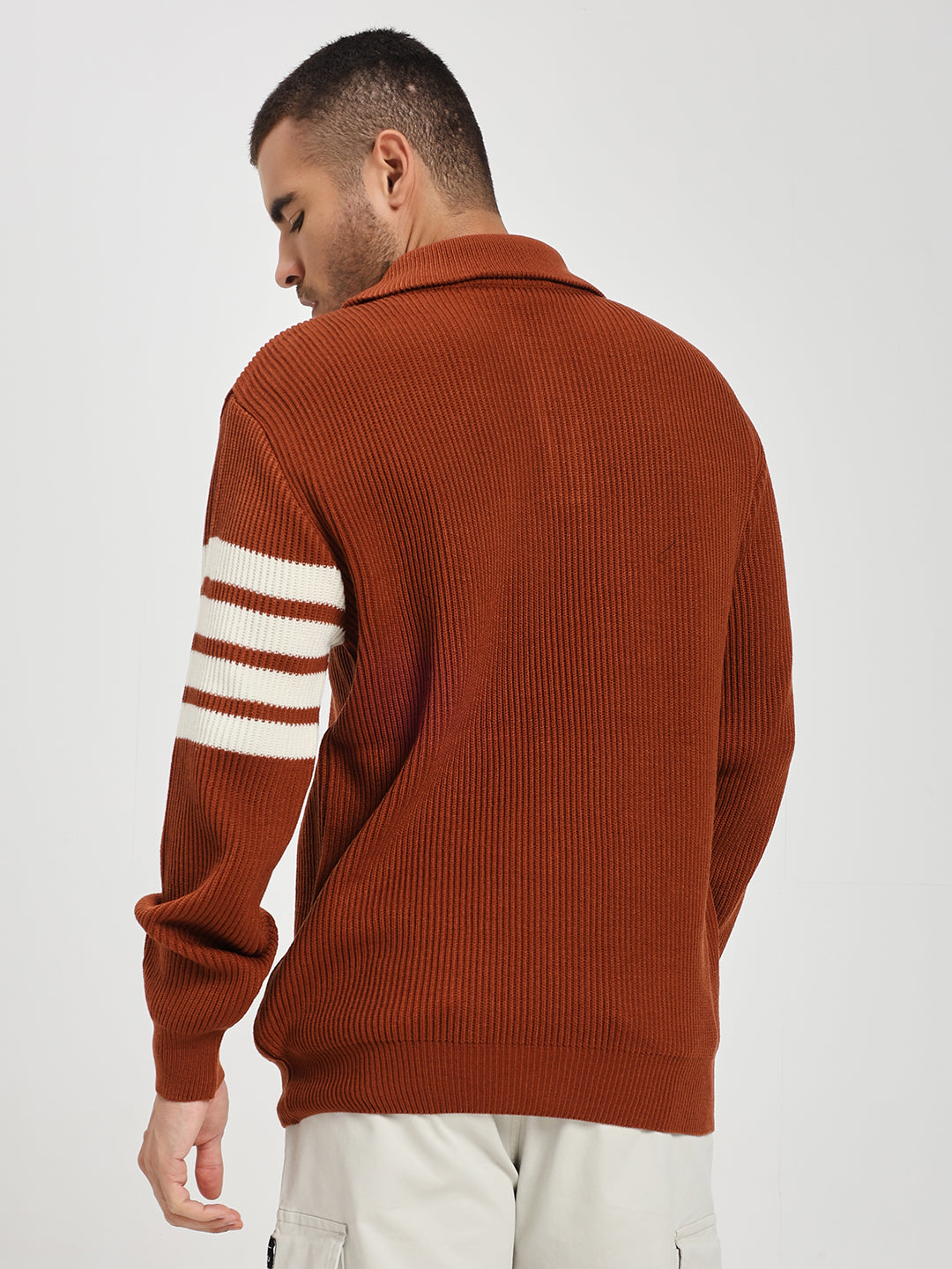 Men’s Orange & White Arm Stripe Half-Zip Sweater
