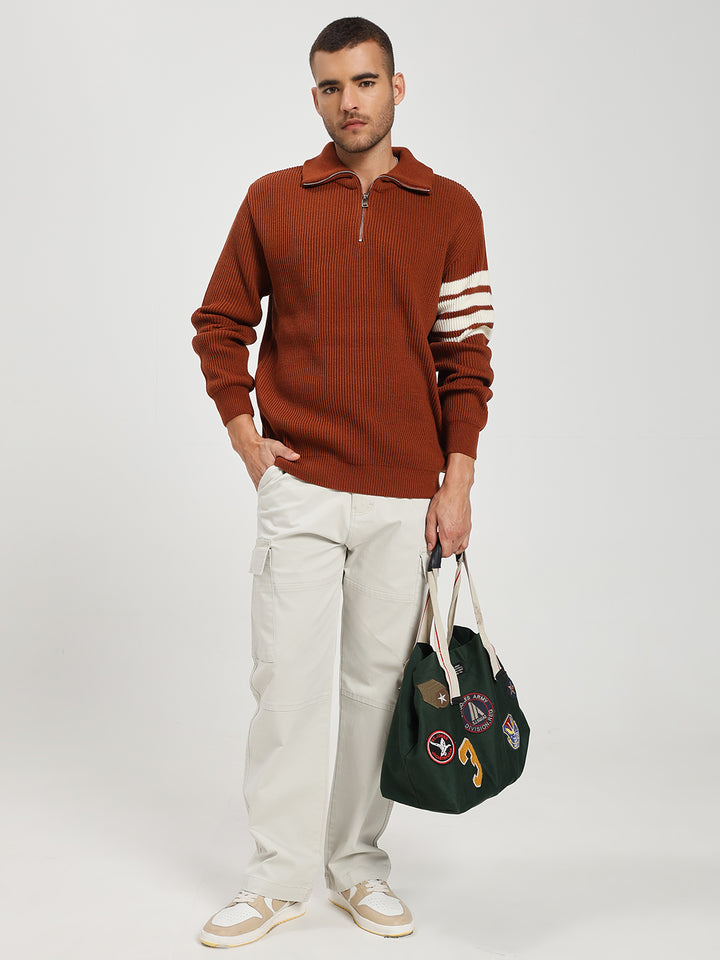 Men’s Orange & White Arm Stripe Half-Zip Sweater