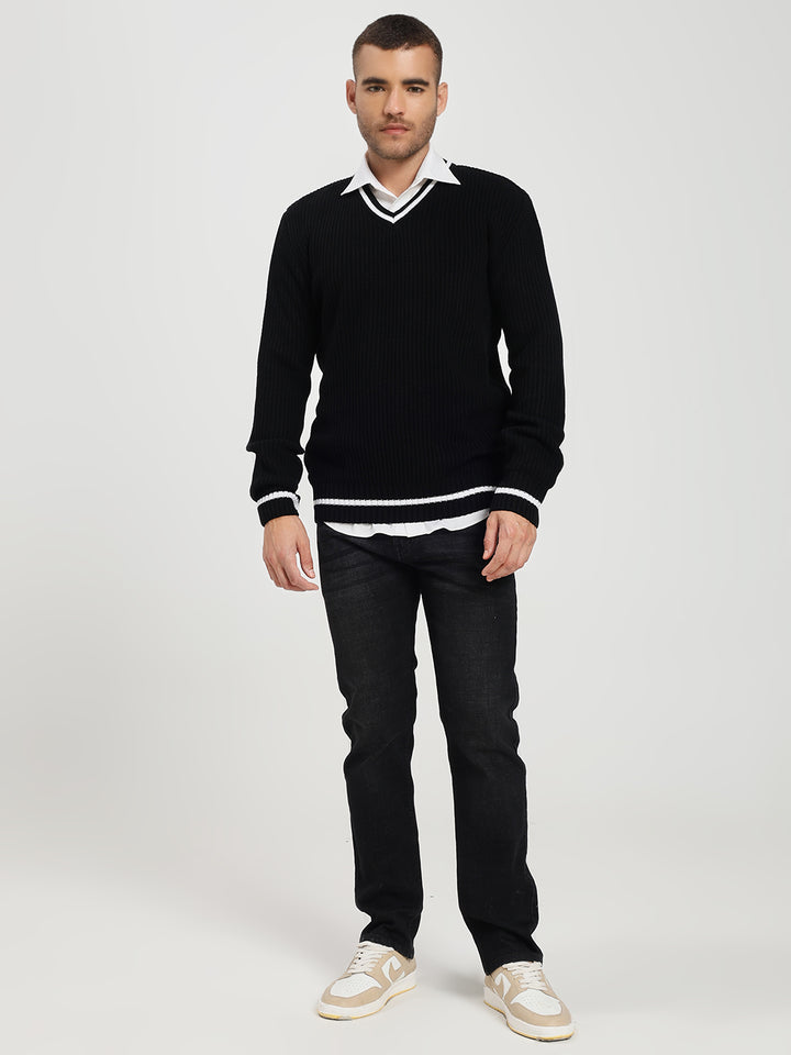 Men's Black V-Neck Sweater With White Stripes