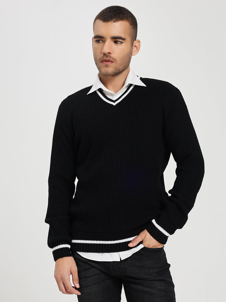 Men's Black V-Neck Sweater With White Stripes