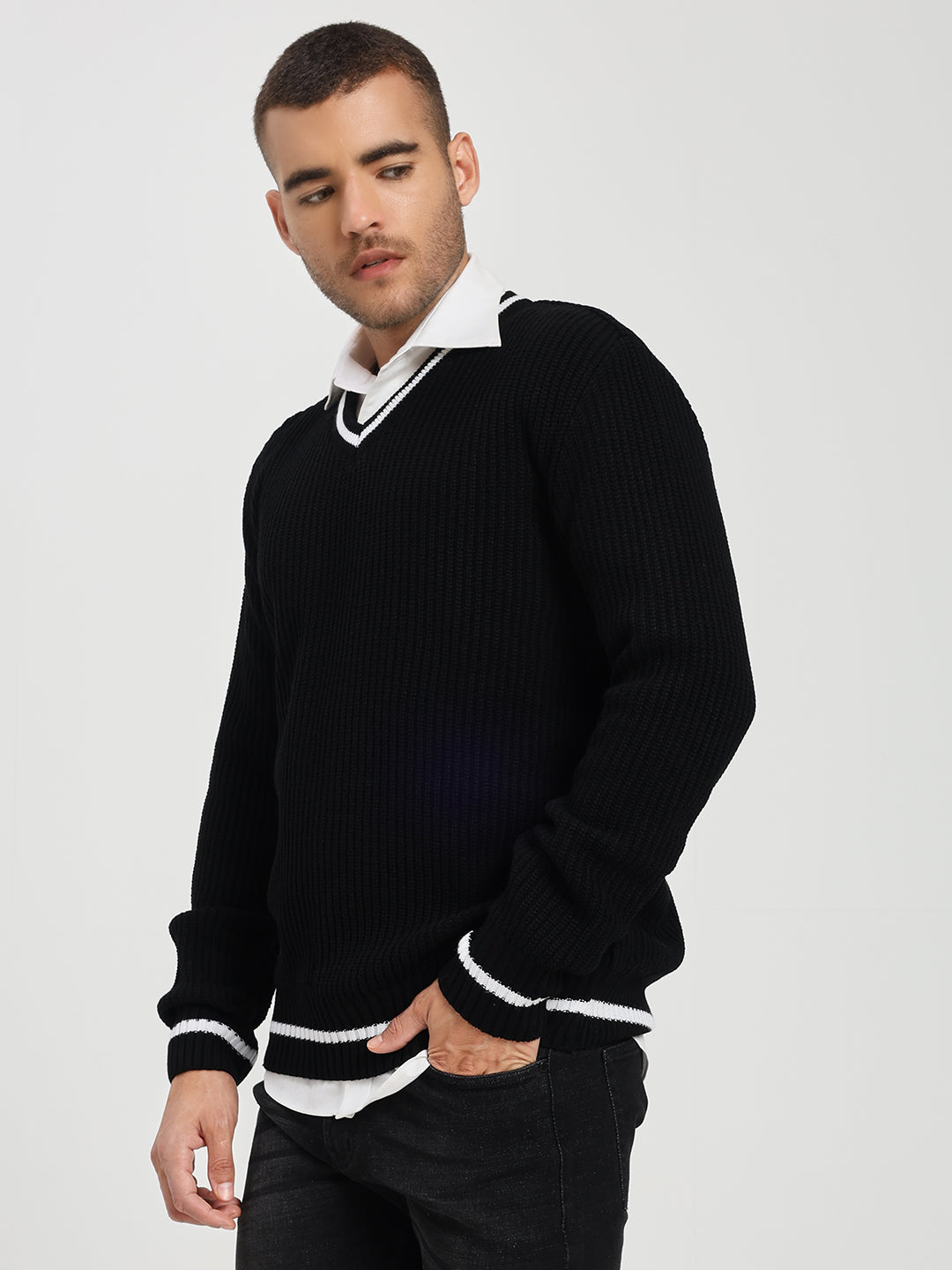 Men's Black V-Neck Sweater With White Stripes