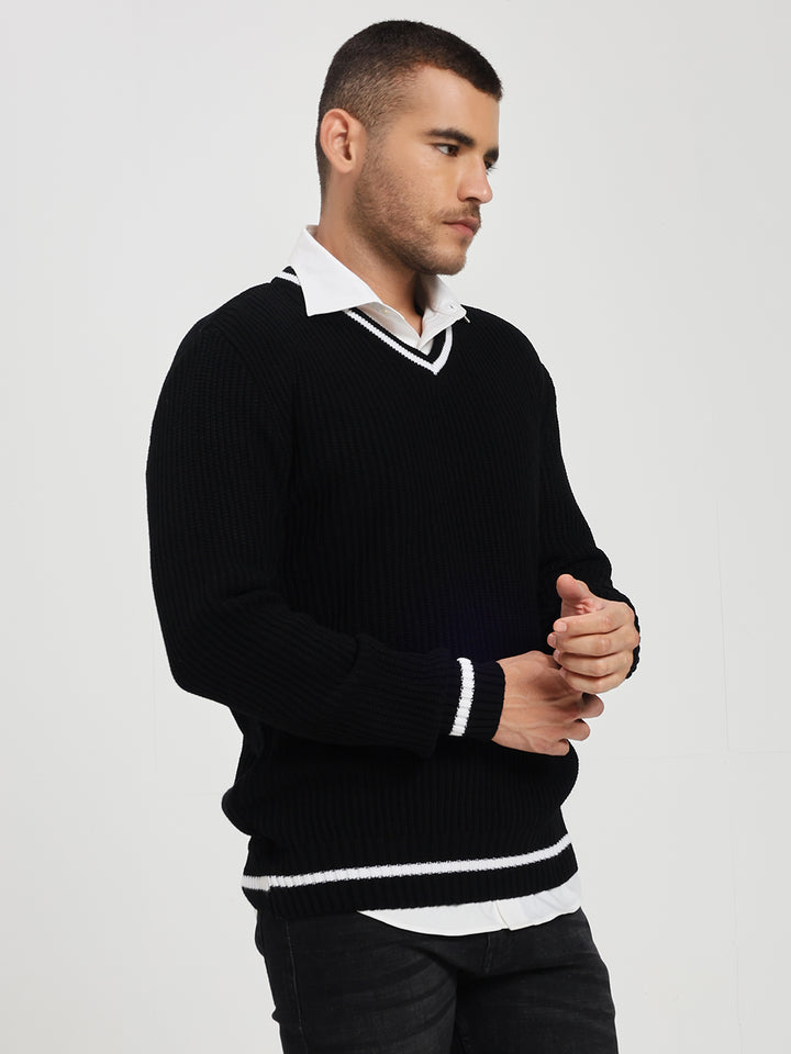 Men's Black V-Neck Sweater With White Stripes
