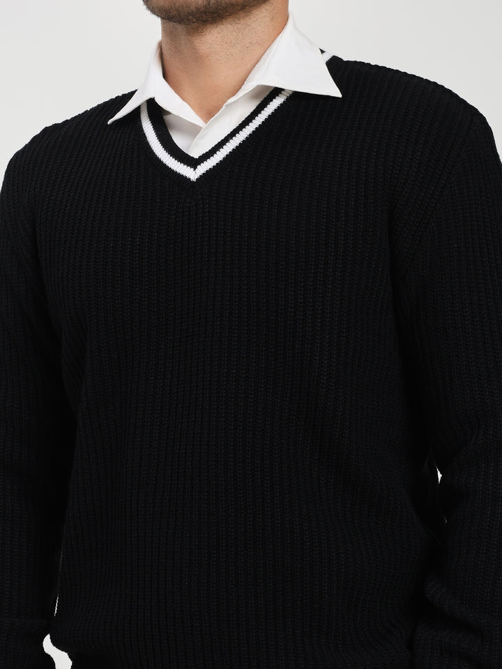 Men's Black V-Neck Sweater With White Stripes