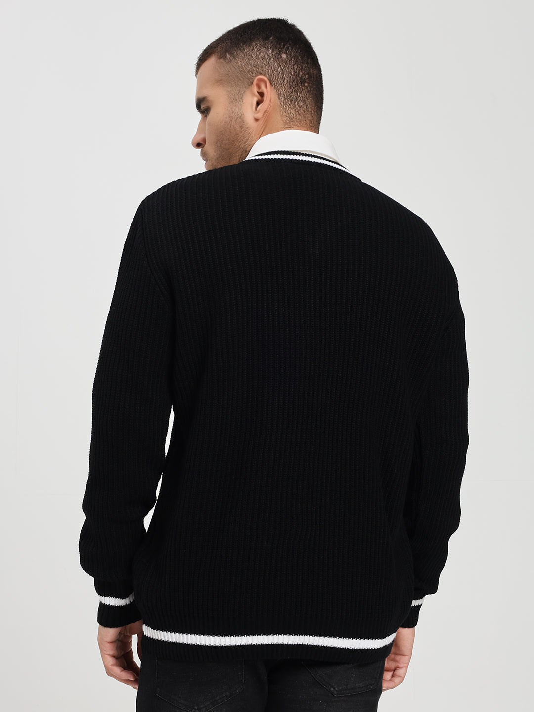 Men's Black V-Neck Sweater With White Stripes